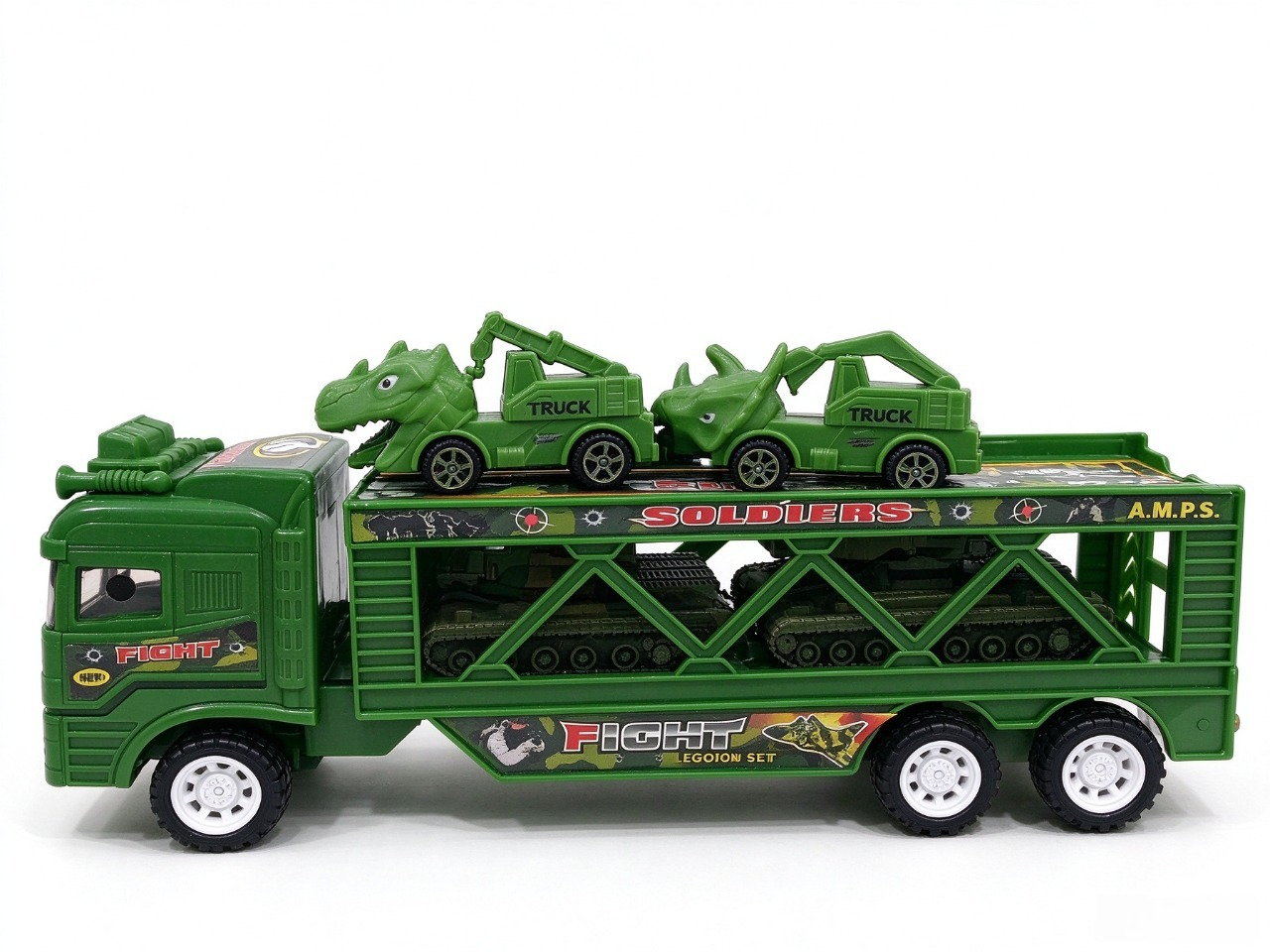 Friction Military Double-Decker Trailer with Dinosaur Cars