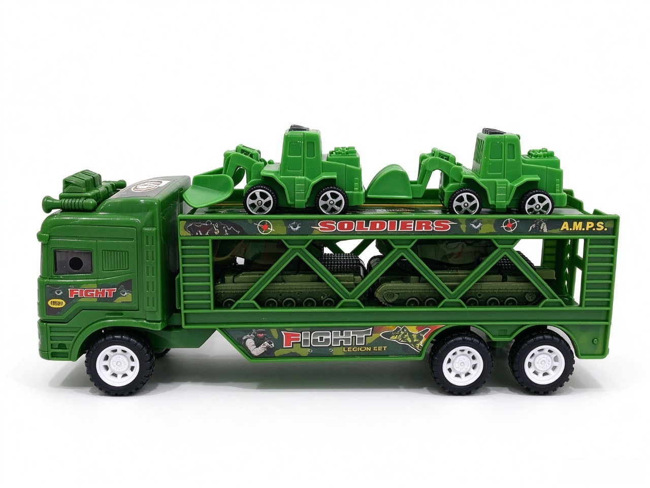 Friction Military Double-Decker Trailer with Construction Cars